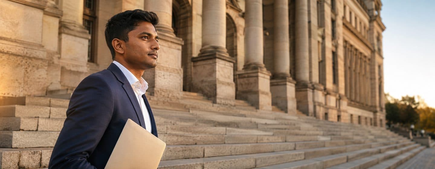 Sri Lankan visa applicant at German government building — MALIROSA Germany visa consulting for Sri Lankan candidates